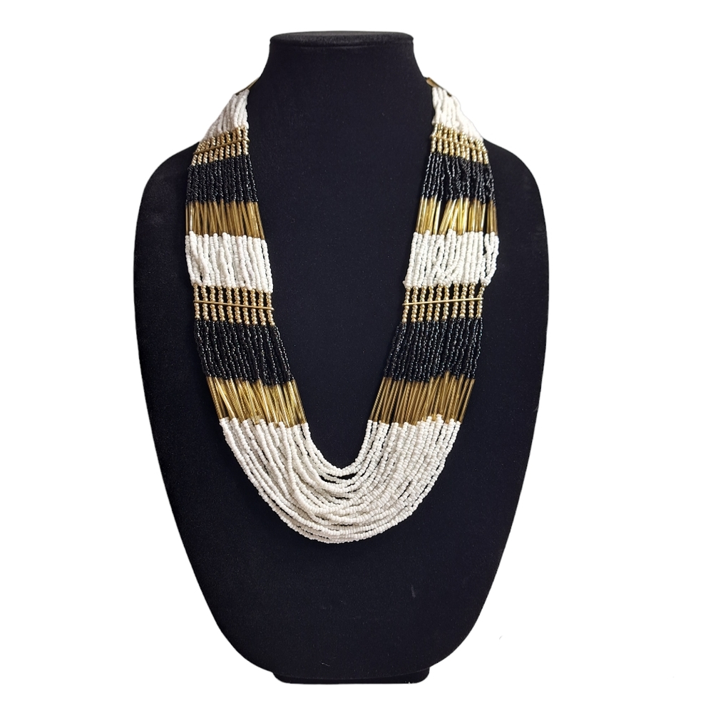 African Handmade Beaded Necklace White, Gold, Black 15.5 Inches‎ + 3.5 Ext